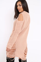Pink Knitted Cut Out Front Cold Shoulder Distressed Jumper Dress - Jamie-Jumper