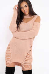 Pink Knitted Cut Out Front Cold Shoulder Distressed Jumper Dress - Jamie-Jumper