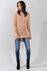 Pink Knitted Distressed Back Jumper Dress - Cara-Jumper