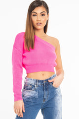 Pink Knitted One Shoulder Jumper - Jayleah-Crop Jumper