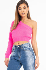 Pink Knitted One Shoulder Jumper - Jayleah-Crop Jumper