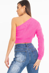Pink Knitted One Shoulder Jumper - Jayleah-Crop Jumper