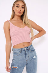 Pink Knitted Plunge Front Vest Top - Jenova-Tops