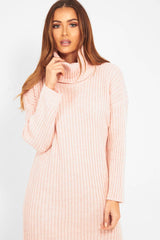 Pink Knitted Roll Neck Jumper Dress - Cecily-Dresses