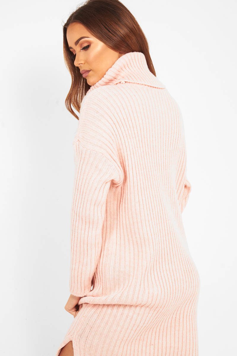 Pink Knitted Roll Neck Jumper Dress - Cecily-Dresses