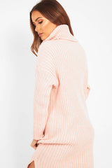 Pink Knitted Roll Neck Jumper Dress - Cecily-Dresses