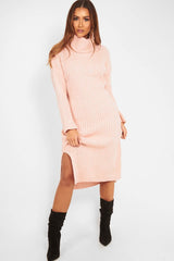 Pink Knitted Roll Neck Jumper Dress - Cecily-Dresses