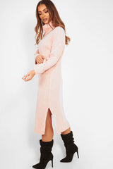 Pink Knitted Roll Neck Jumper Dress - Cecily-Dresses
