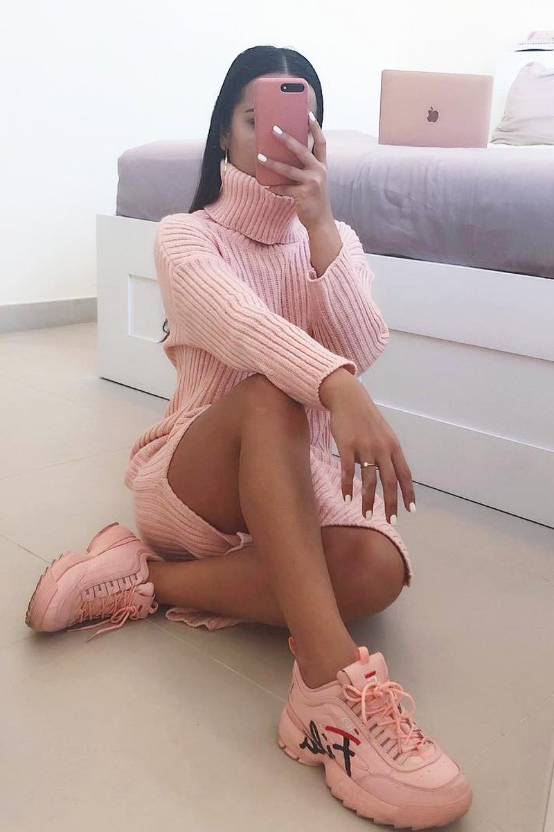 Pink Knitted Roll Neck Jumper Dress - Cecily-Dresses