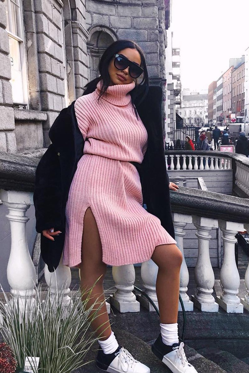 Pink Knitted Roll Neck Jumper Dress - Cecily Pink Knitted Roll Neck Jumper Dress - Cecily