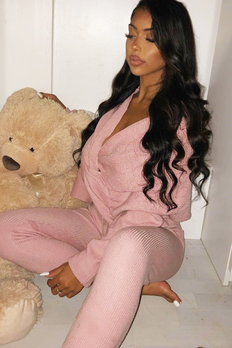 Pink Knot Front Knit Loungewear Set - Lorelei-Loungewear