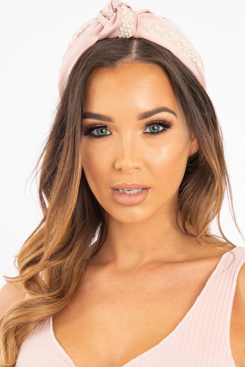 Pink Knotted Pearl Diamante Headband - Zyaria-Hair