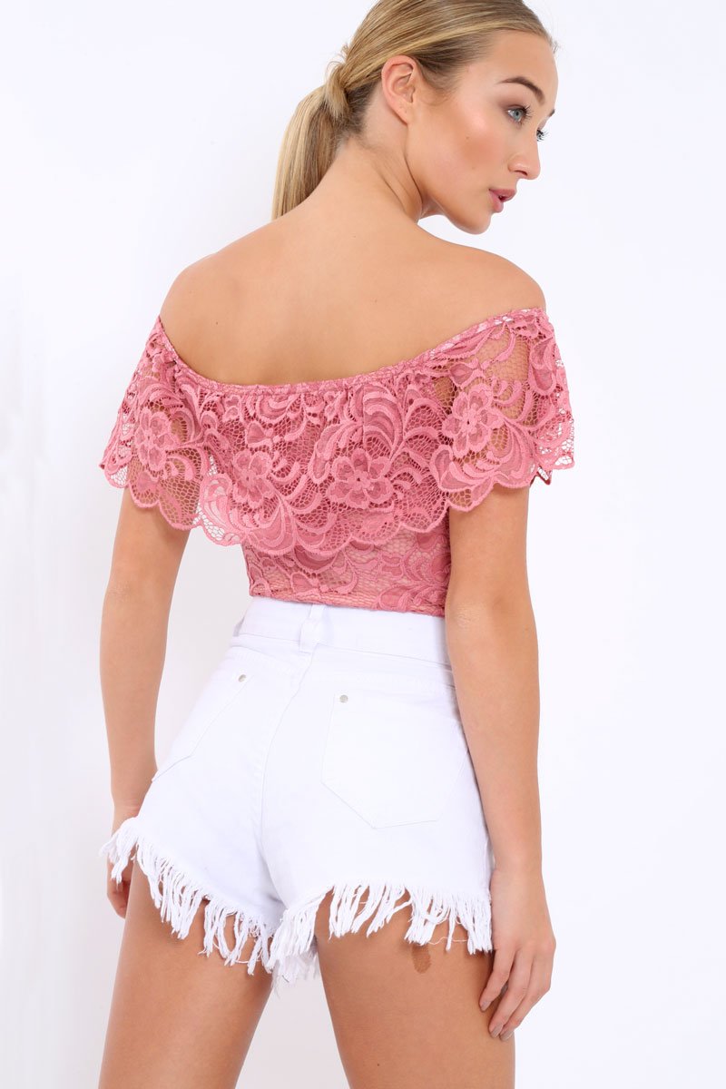 Pink Lace Bardot Bodysuit - Rae-Bodysuits