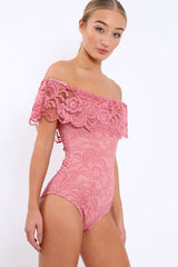 Pink Lace Bardot Bodysuit - Rae-Bodysuits