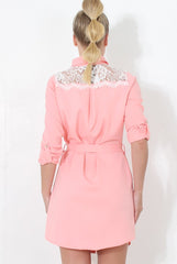 Pink Lace Detail Shirt Dress- Elvi-Dresses