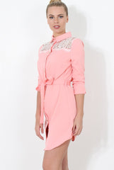 Pink Lace Detail Shirt Dress- Elvi-Dresses