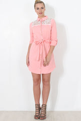 Pink Lace Detail Shirt Dress- Elvi-Dresses