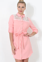 Pink Lace Detail Shirt Dress- Elvi-Dresses