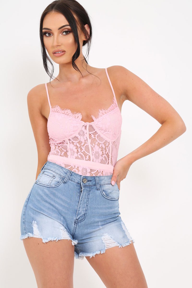 Pink Lace Flower Bodysuit - Faylen-Bodysuits
