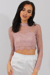 Pink Lace High Neck Crop Top - Luanne-Crop Tops