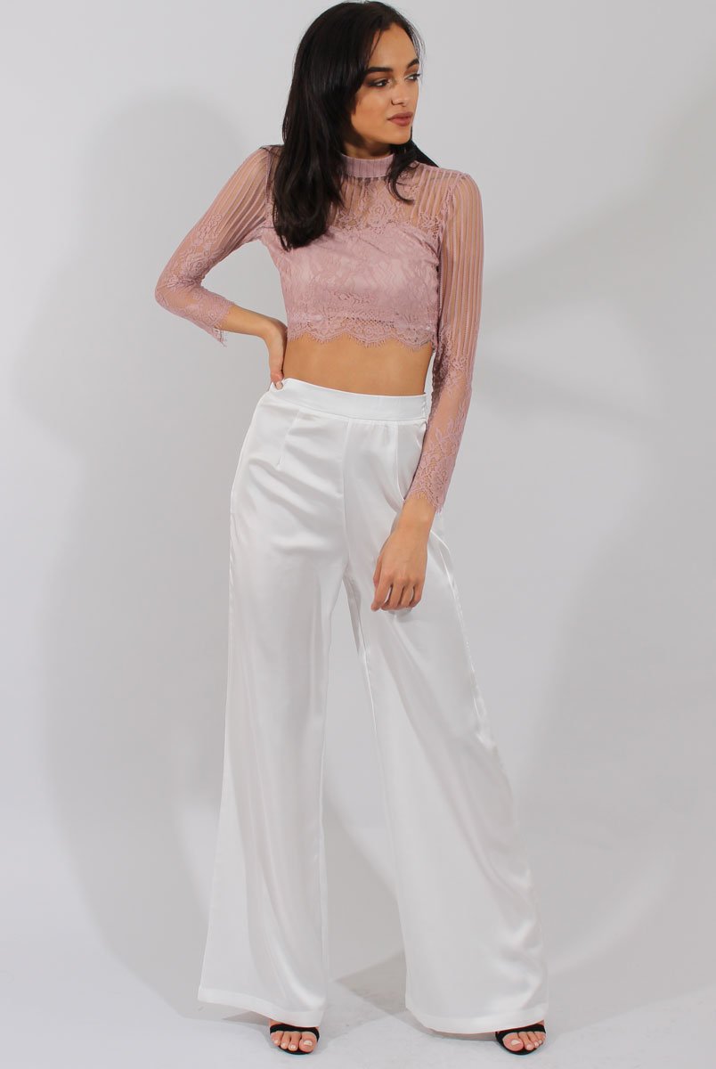 Pink Lace High Neck Crop Top - Luanne-Crop Tops