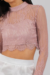 Pink Lace High Neck Crop Top - Luanne-Crop Tops