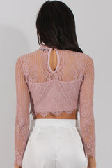 Pink Lace High Neck Crop Top - Luanne-Crop Tops