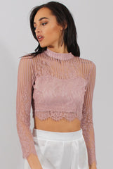 Pink Lace High Neck Crop Top - Luanne-Crop Tops
