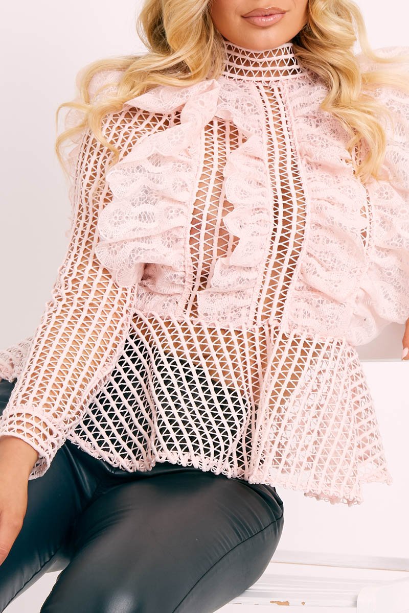 Pink Lace High Neck Zip Back Blouse - Abree-Blouse