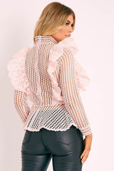 Pink Lace High Neck Zip Back Blouse - Abree-Blouse