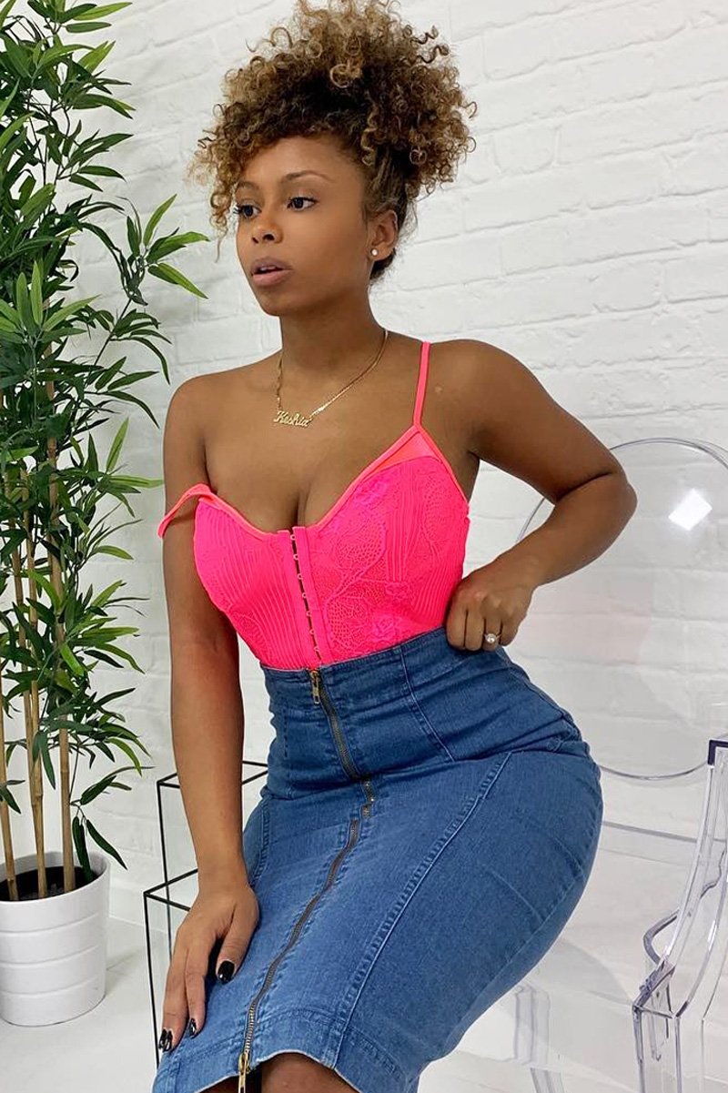 Pink Lace Hook Front Bodysuit - Sabrina-Bodysuits