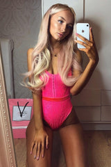 Pink Lace Hook Front Bodysuit - Sabrina-Bodysuits
