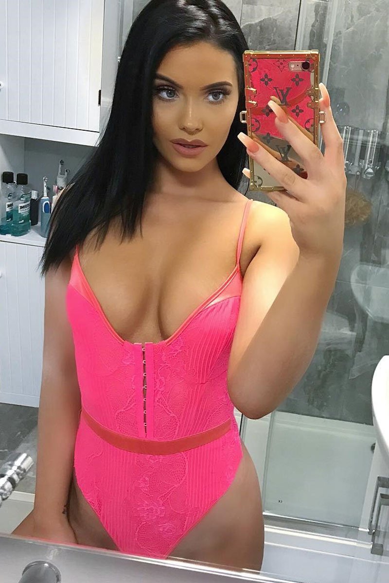 Pink Lace Hook Front Bodysuit - Sabrina-Bodysuits