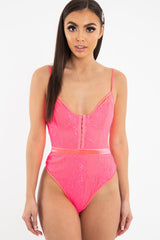 Pink Lace Hook Front Bodysuit - Sabrina-Bodysuits