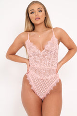 Pink Lace Plunge Bodysuit - Paola-Bodysuits
