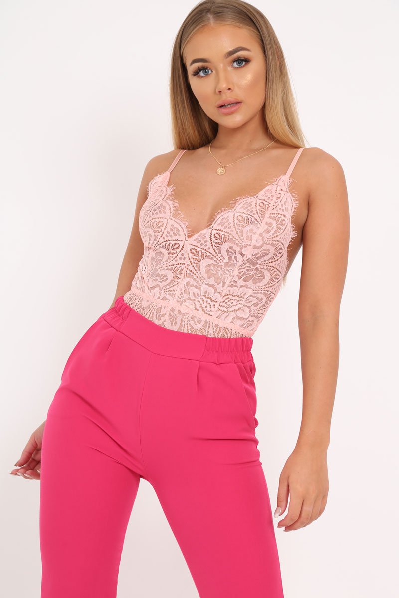 Pink Lace Plunge Bodysuit - Paola-Bodysuits