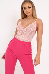 Pink Lace Plunge Bodysuit - Paola-Bodysuits