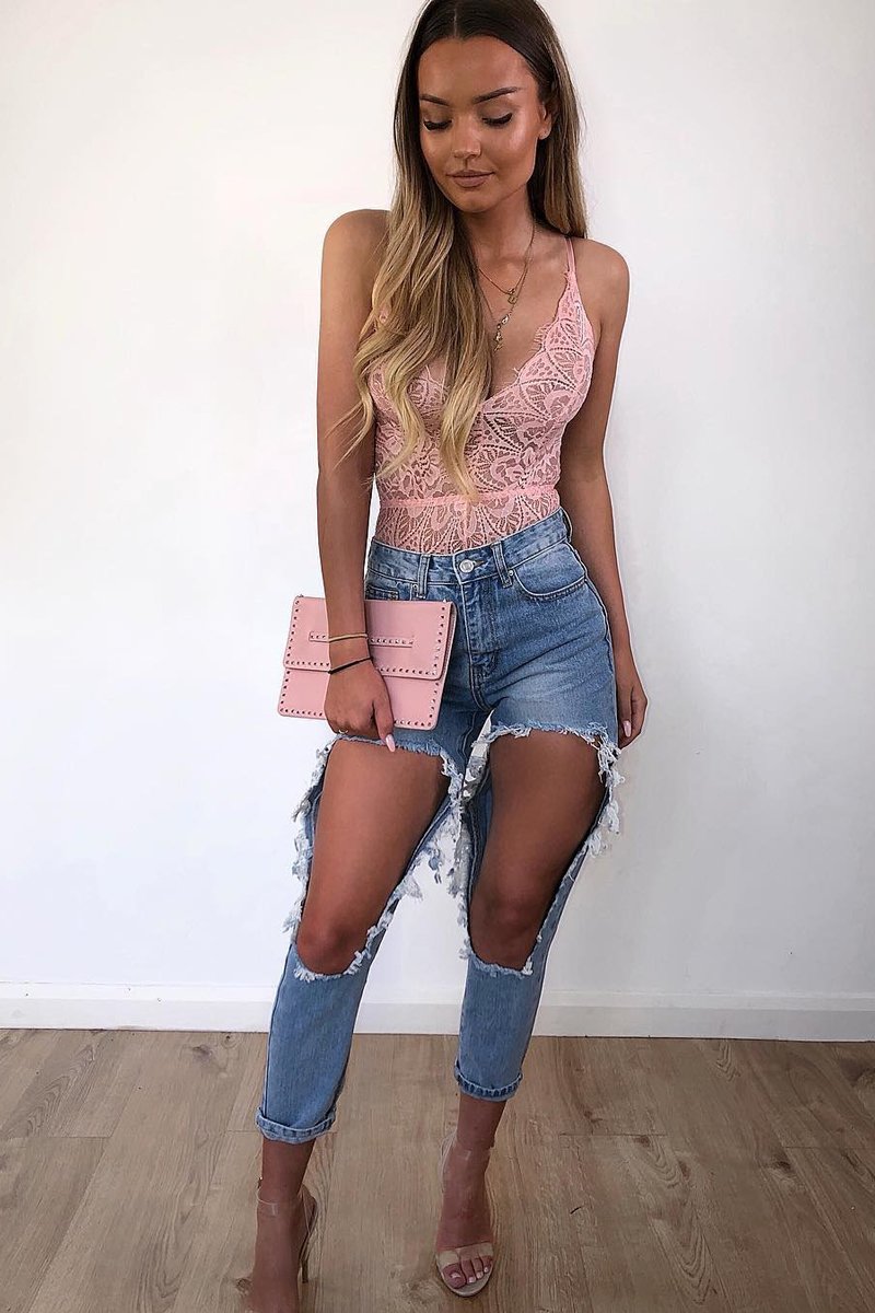 Pink Lace Plunge Bodysuit - Paola-Bodysuits