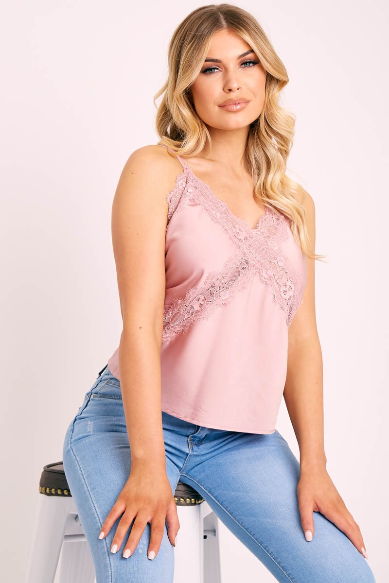 Pink Lace Trim Cami Top - Analissa-Tops