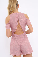 Pink Lace Up Crochet Trim Embroidered Playsuit - Leia-Playsuits