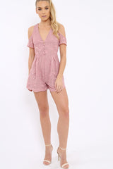 Pink Lace Up Crochet Trim Embroidered Playsuit - Leia-Playsuits