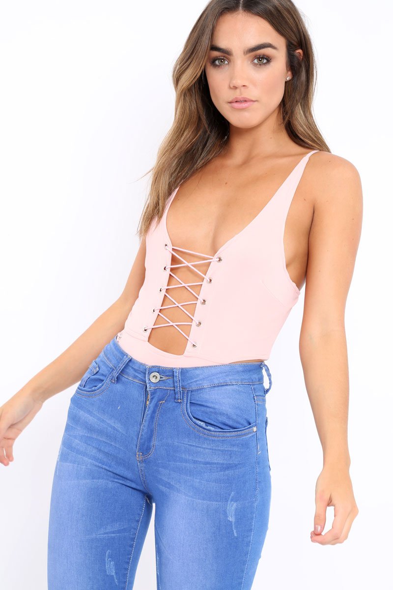 Pink Lace Up Front And Side Bodysuit - Lux-Bodysuits