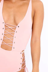 Pink Lace Up Front And Side Bodysuit - Lux-Bodysuits