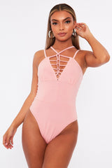 Pink Lace Up Front Bodysuit - Gea-Bodysuits