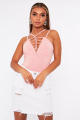 Pink Lace Up Front Bodysuit - Gea-Bodysuits