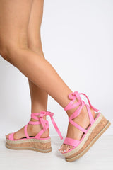 Pink Lace Up Platform Wedges - Camara-Wedges