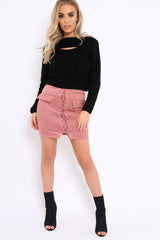 Pink Lace Up Suedette Skirt with Pockets - Patra-Skirts