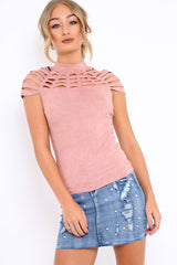 Pink Laser Cut Suedette Top - Abbie-Tops