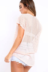 Pink Laser Cut Top with Crew neck and Dip Hem - Keelani-Tops