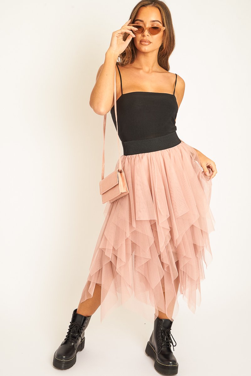 Pink Layered Tulle Midi Skirt - Laveta-Skirts